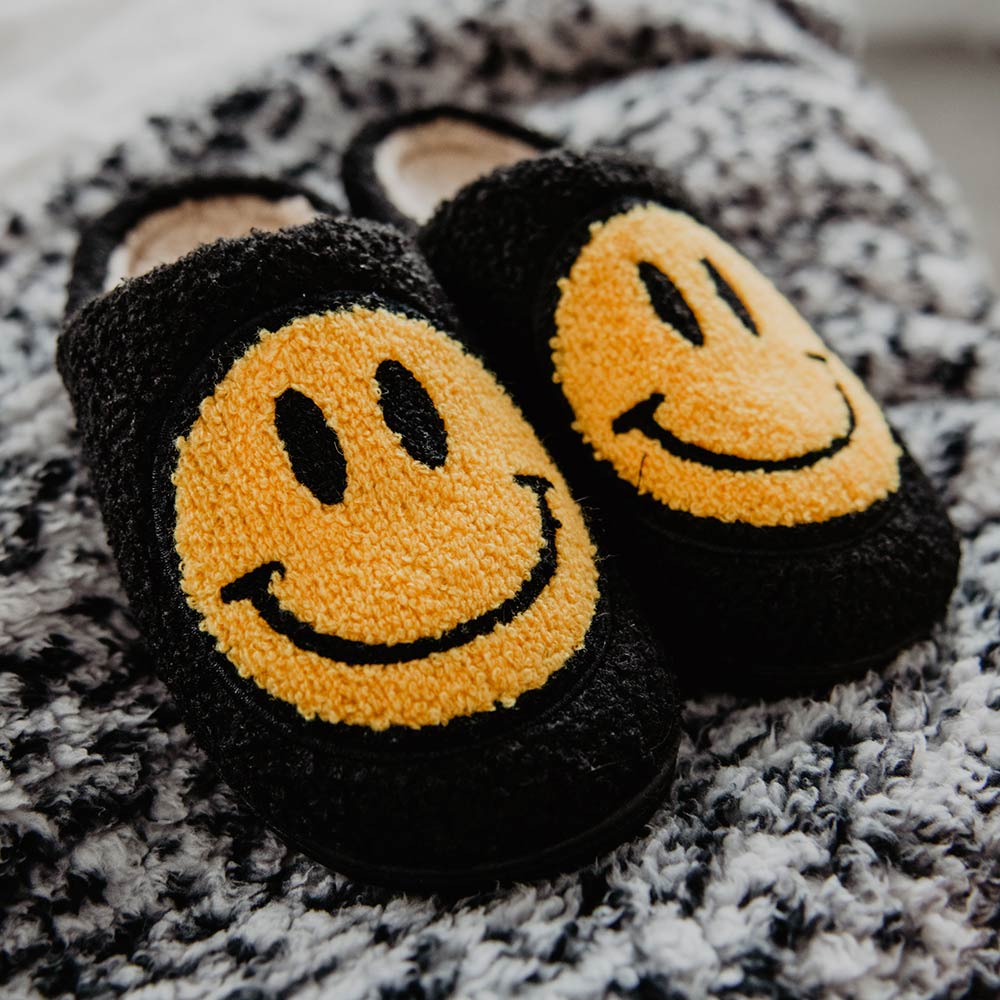 Black Fuzzy Wholesale Happy Face Slippers