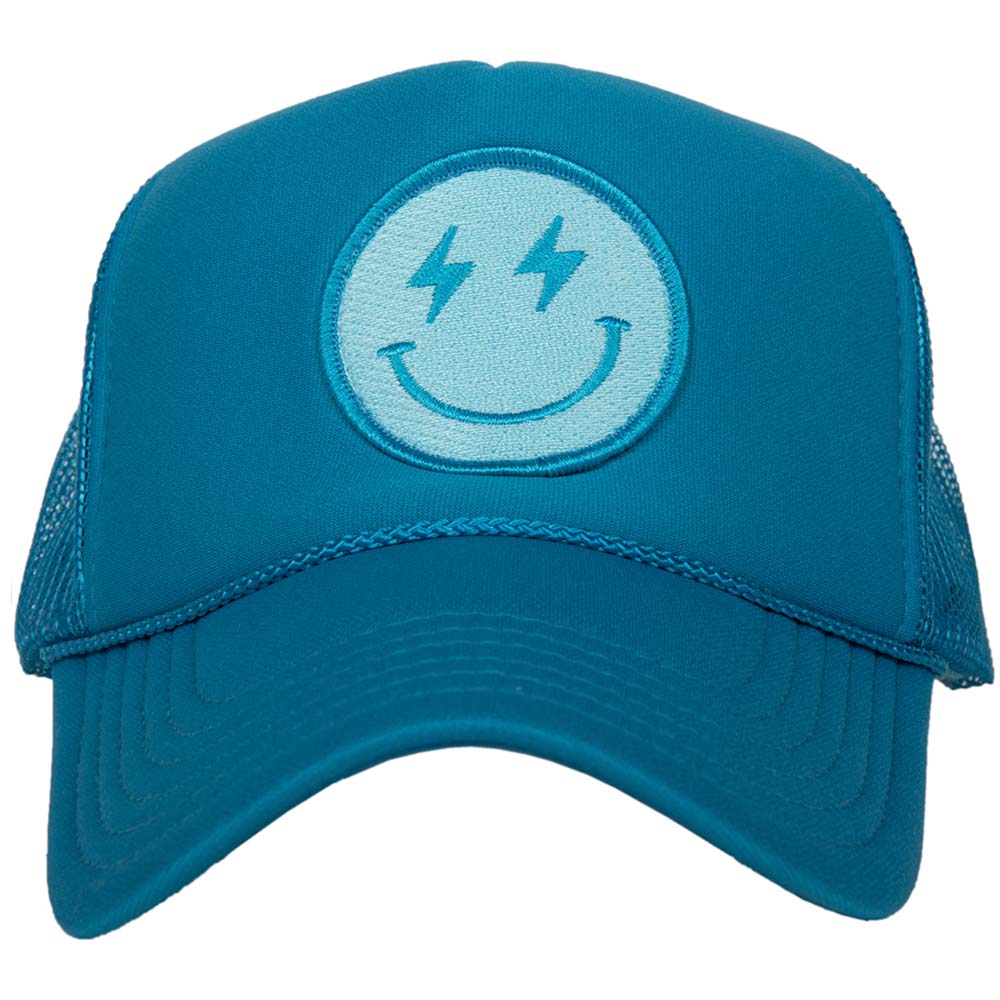 Turquoise Lightning Smiley Face Foam Trucker Hat (Blue)