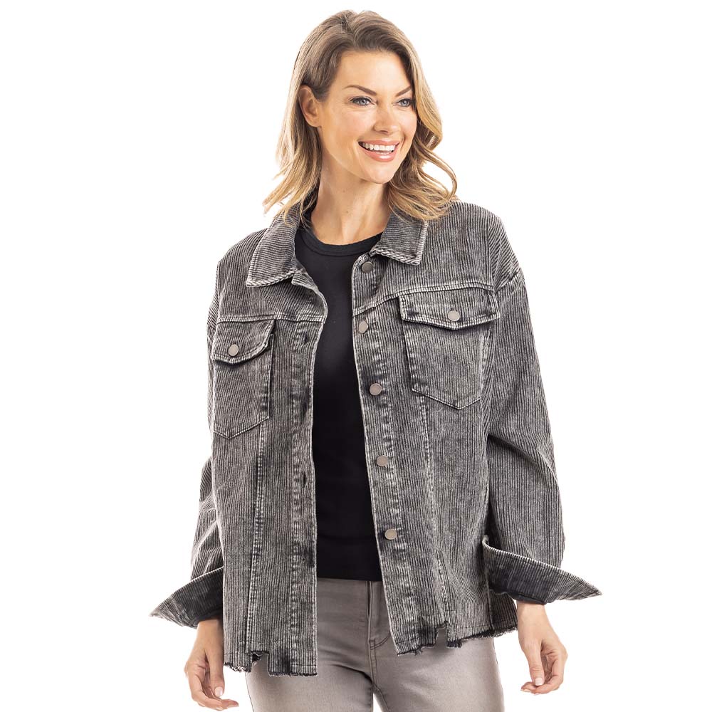 Charcoal Corduroy Distressed Shacket for Women