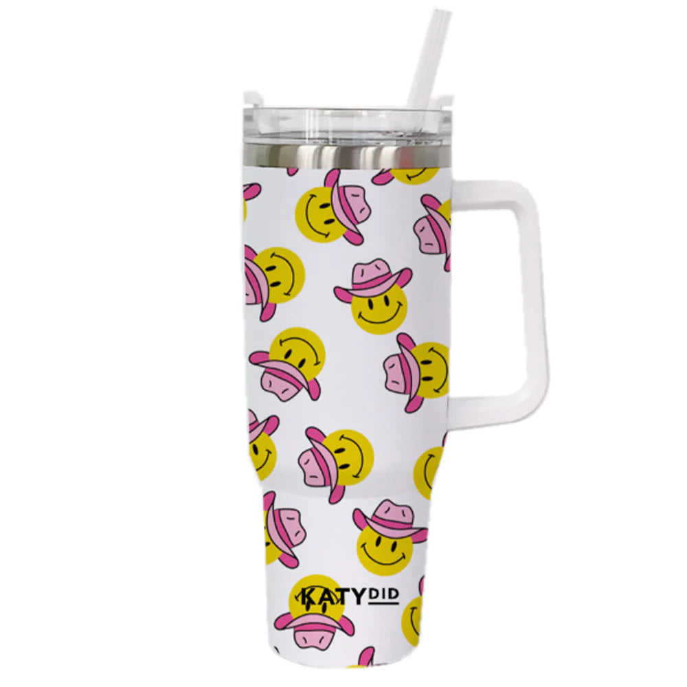 Cowboy Happy Face Travel Tumbler with Handle