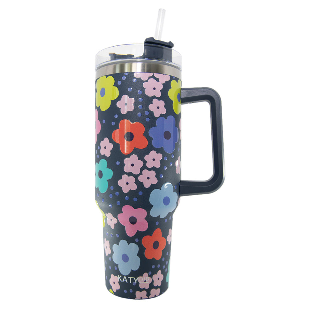 Navy Daisy Insulated Tumbler Cup with Handle