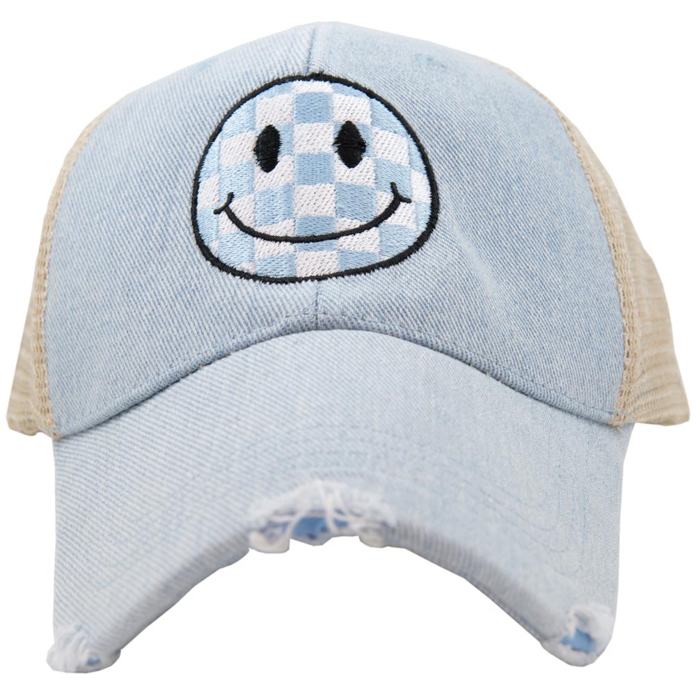 Light Blue Checkered Wholesale Happy Face Hat for Women