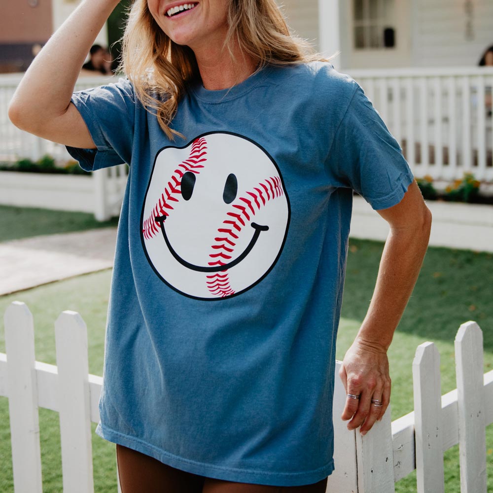 Happy Tee Baseball Happy Face Cute Graphic Tee