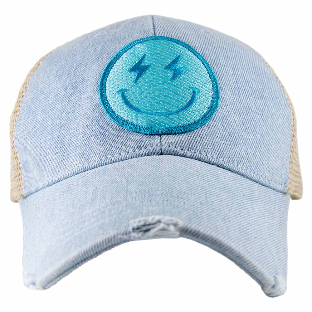 Turquoise Lightning Happy Face Denim Wholesale Trucker Hat