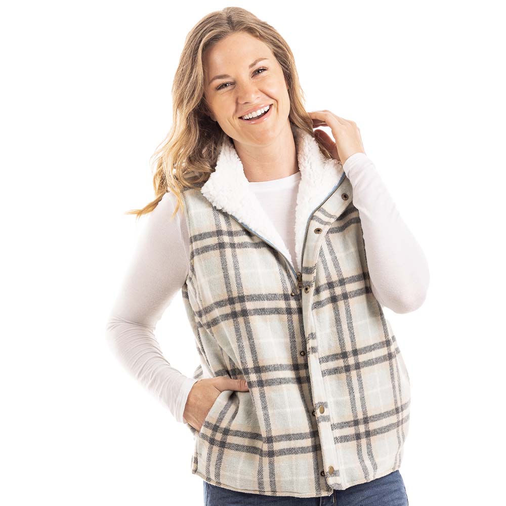 Mint and Gray Plaid Fleece Lined Vest for Women