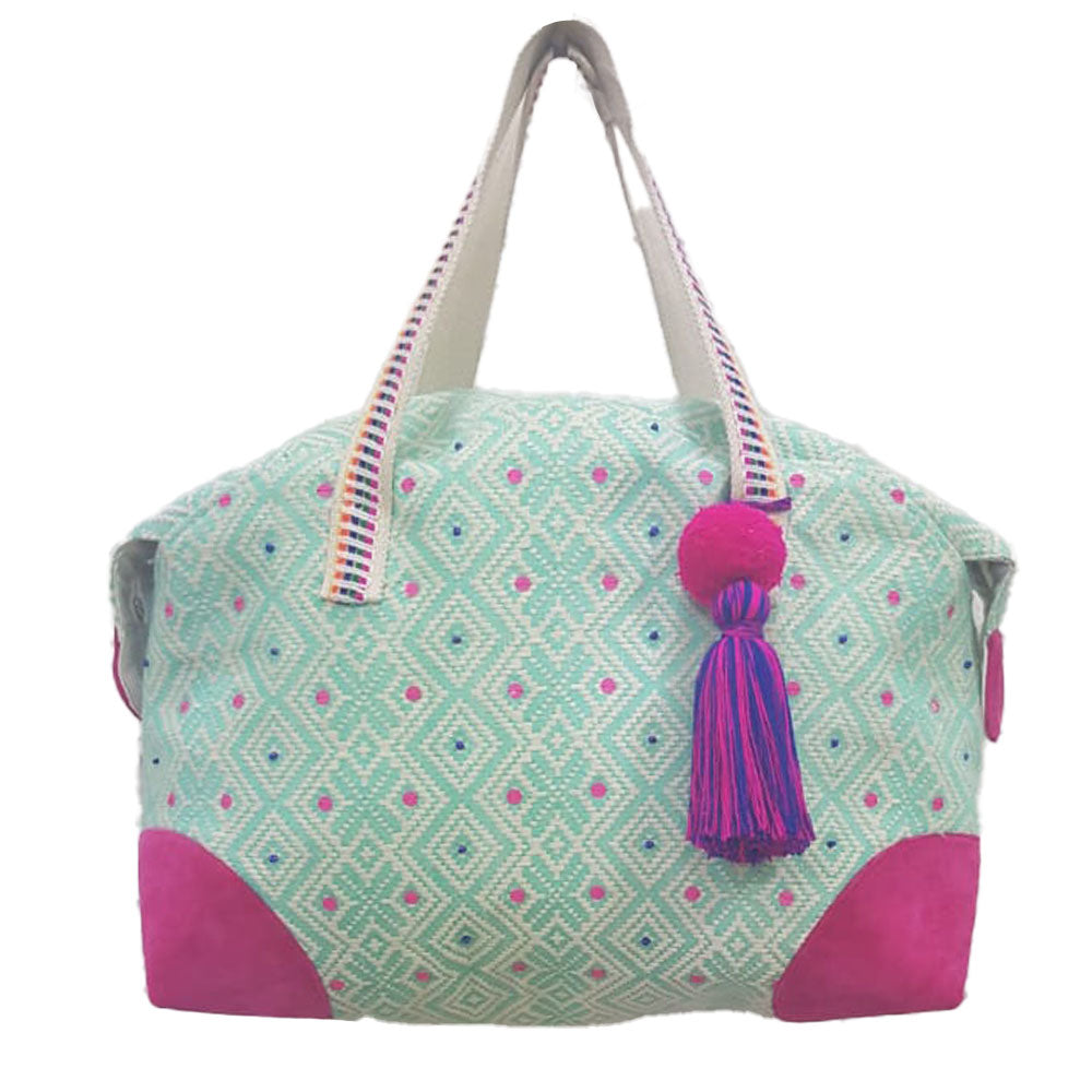 Mint Geometric Cotton Wholesale Weekender Bag with Tassel