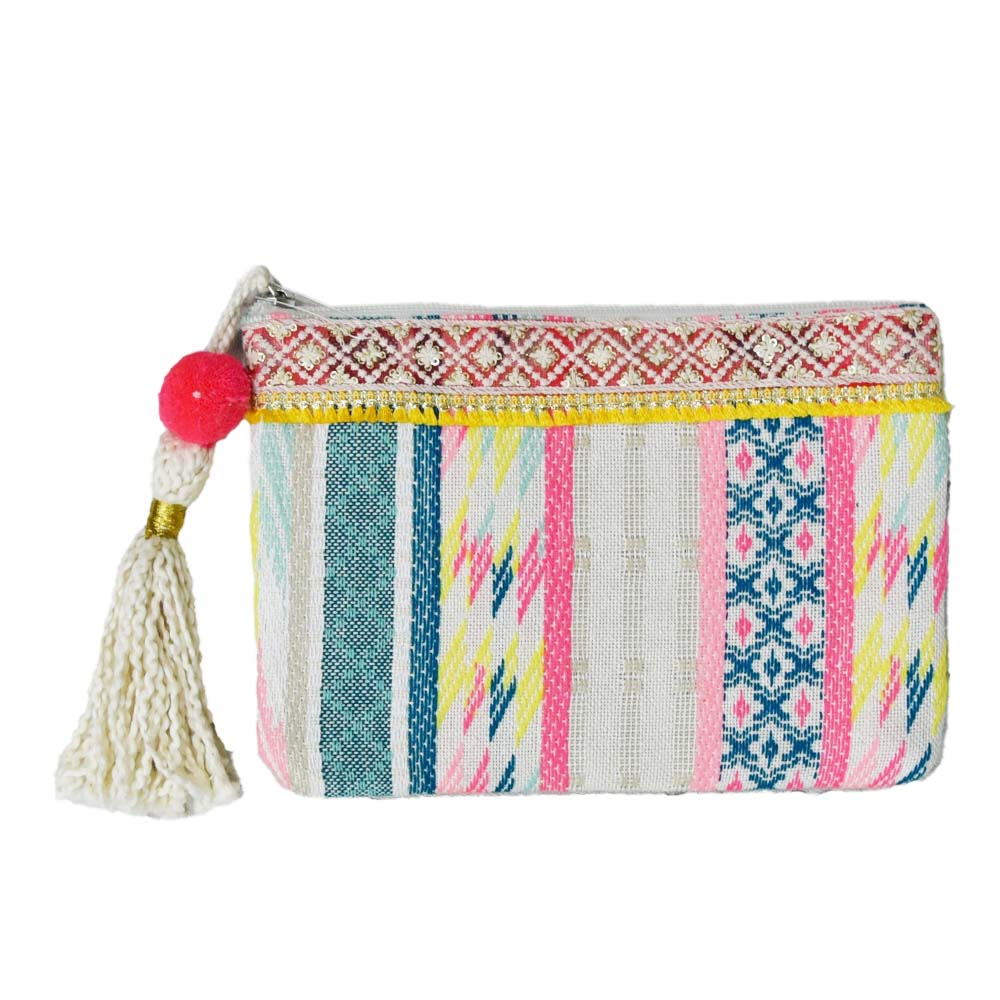 Multicolored Frilled and Pom Pom Tassel Wholesale Pocket Book