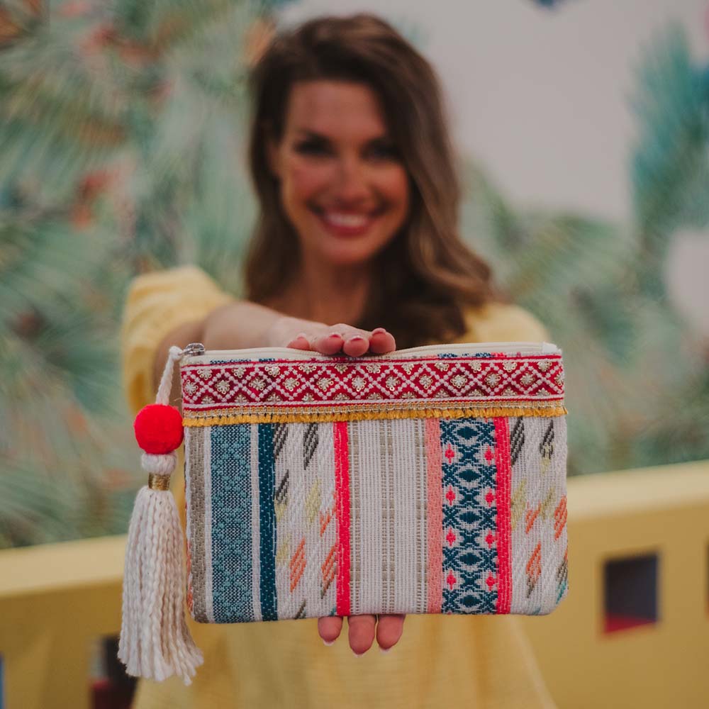 Multicolored Frilled and Pom Pom Tassel Wholesale Pocket Book