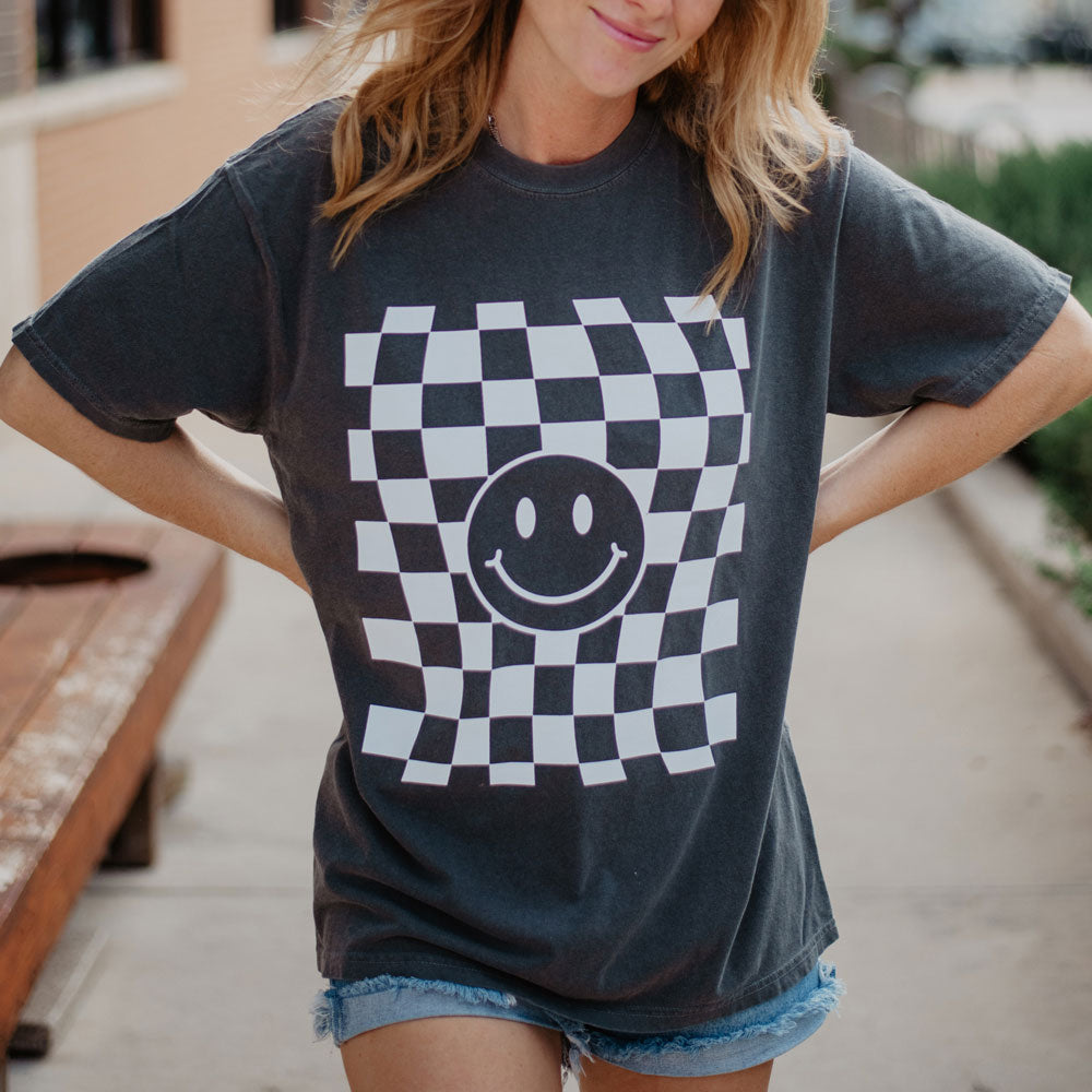 Checkered Pattern Happy Face T Shirt