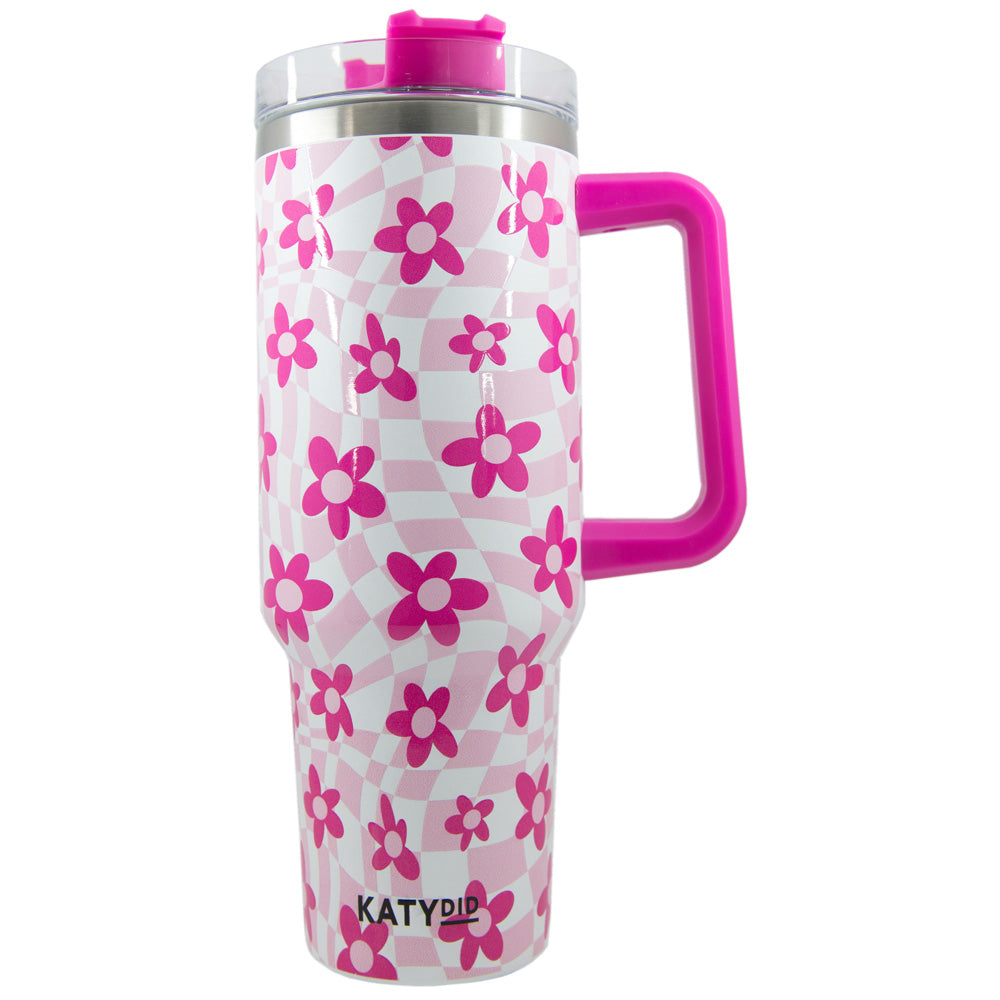 Pink Flower Groovy Checkered Wholesale Tumbler with Straw and Handle