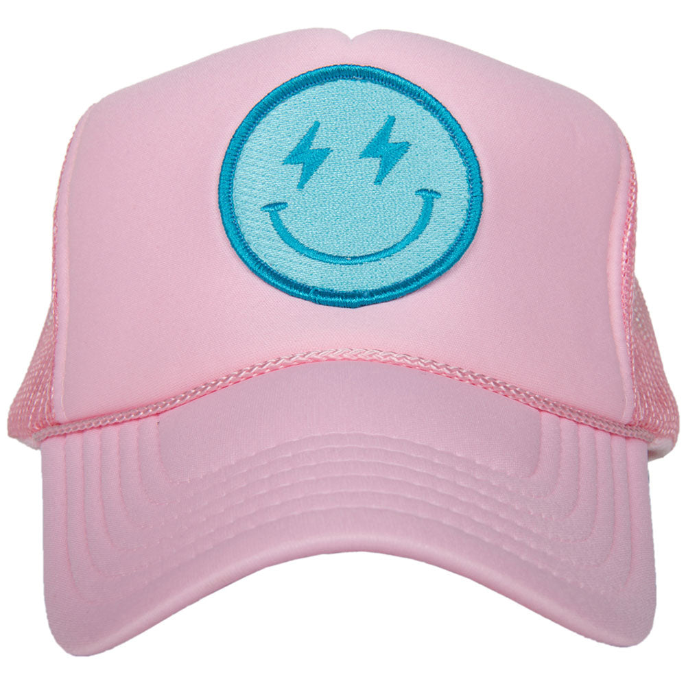Turquoise Lightning Smiley Face Foam Trucker Hat (Light Pink)