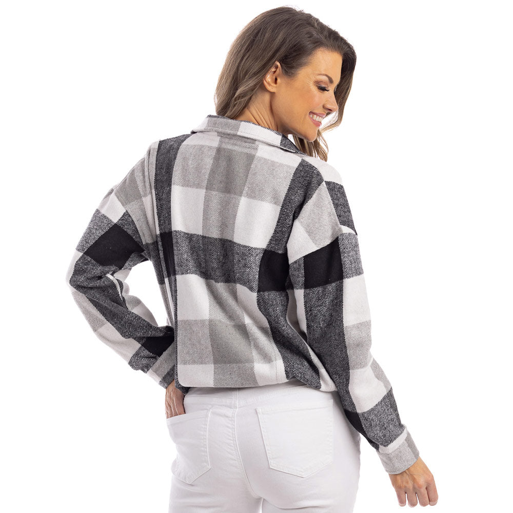 Black Plaid Flannel Cropped Cinched Wholesale Shacket