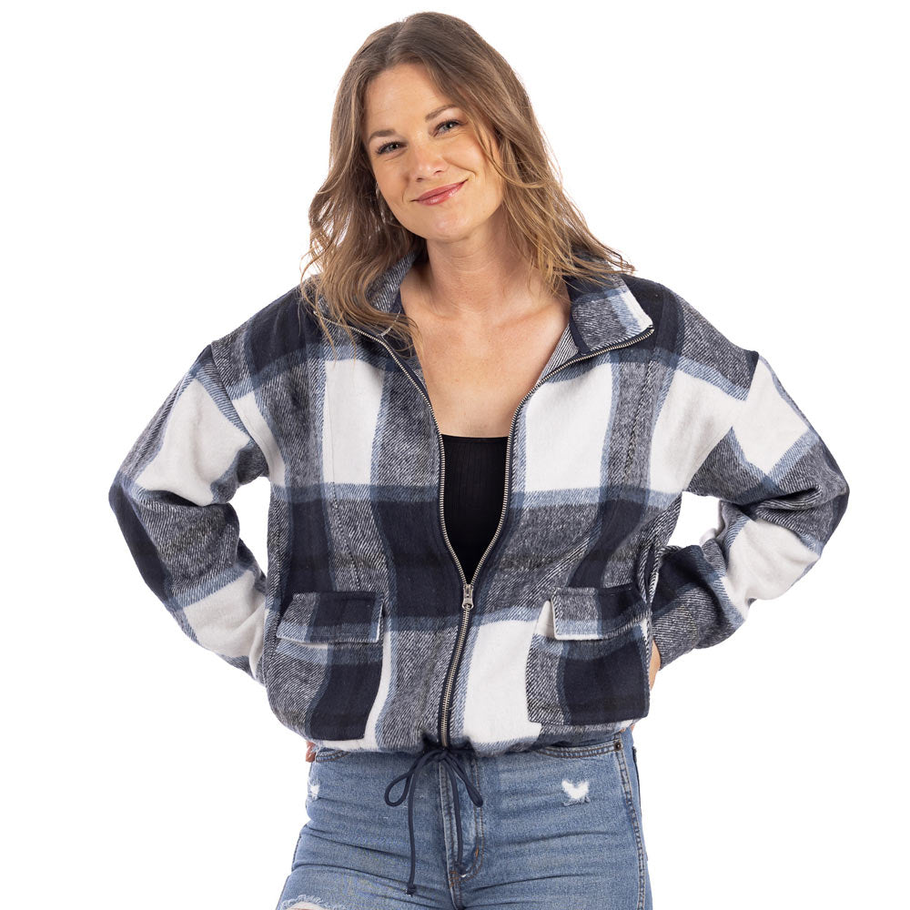 Navy Plaid Wholesale Cropped Cinched Women's Shacket