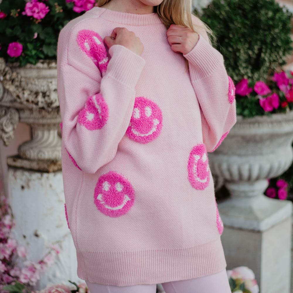 Light Pink Knit Happy Face Wholesale Sweater