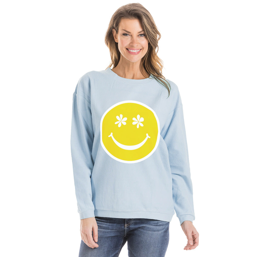 Flower Eye Happy Face Corded Pullover Sweatshirt