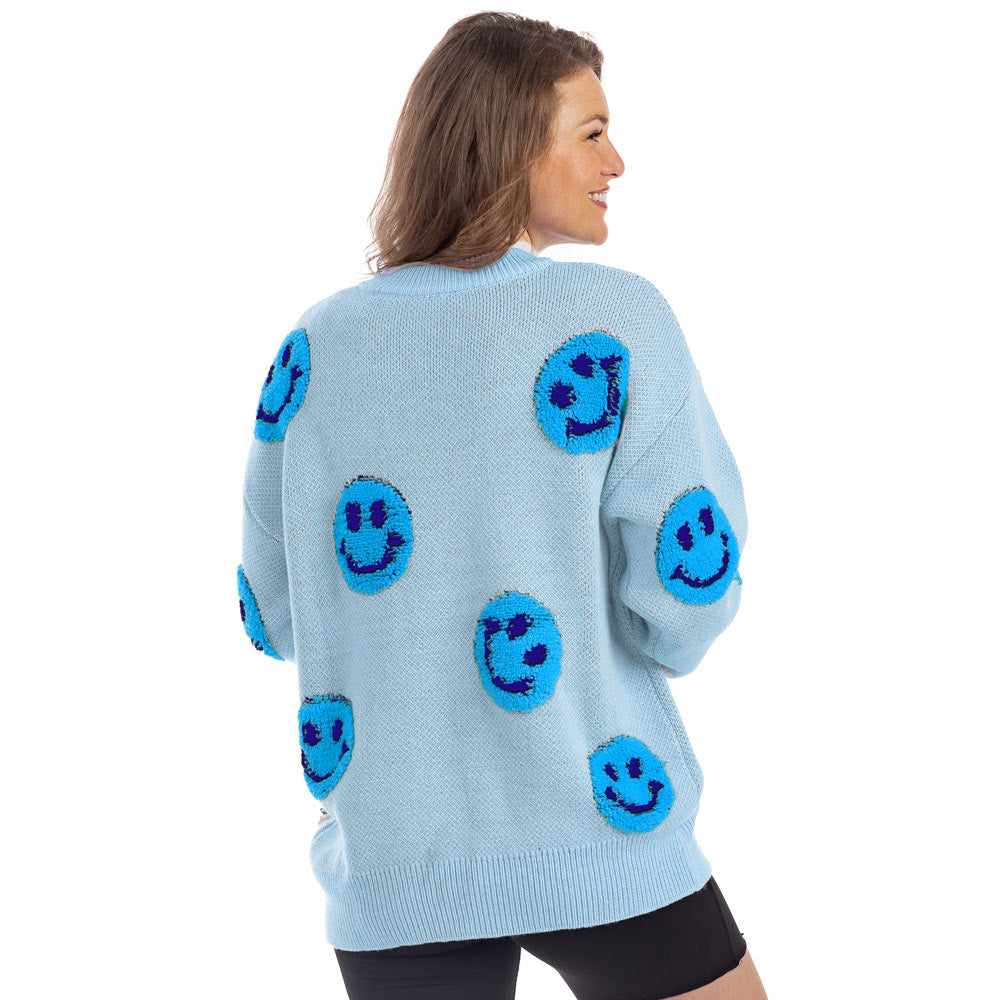Light Blue Happy Face Wholesale Crewneck Sweater
