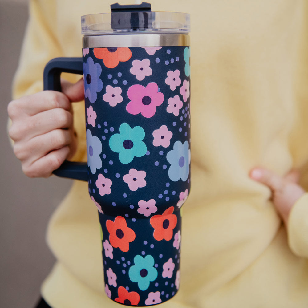 Navy Daisy Insulated Tumbler Cup with Handle