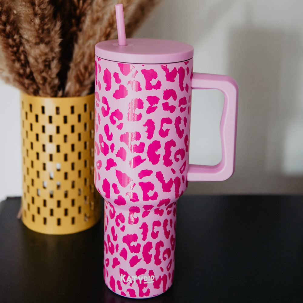 Sippin' Pretty Hot Pink Leopard 40 oz Drink Tumbler With Lid And Straw