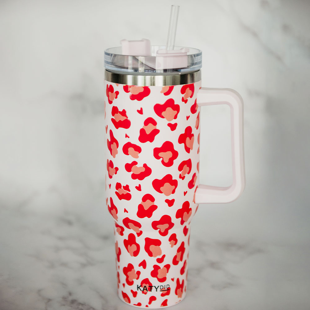 Pink Leopard Coffee Tumbler with Handle