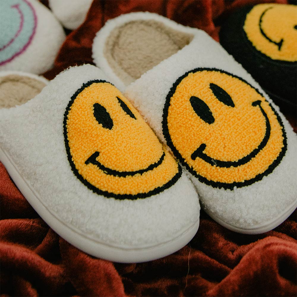 White Fuzzy Wholesale Happy Face Slippers