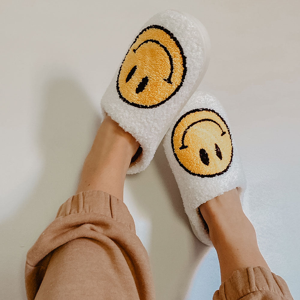 White Fuzzy Wholesale Happy Face Slippers