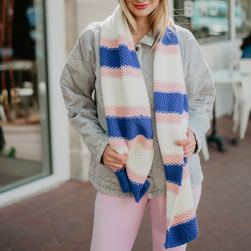 Pink Blue Stripes Wholesale Crochet Knit Scarf
