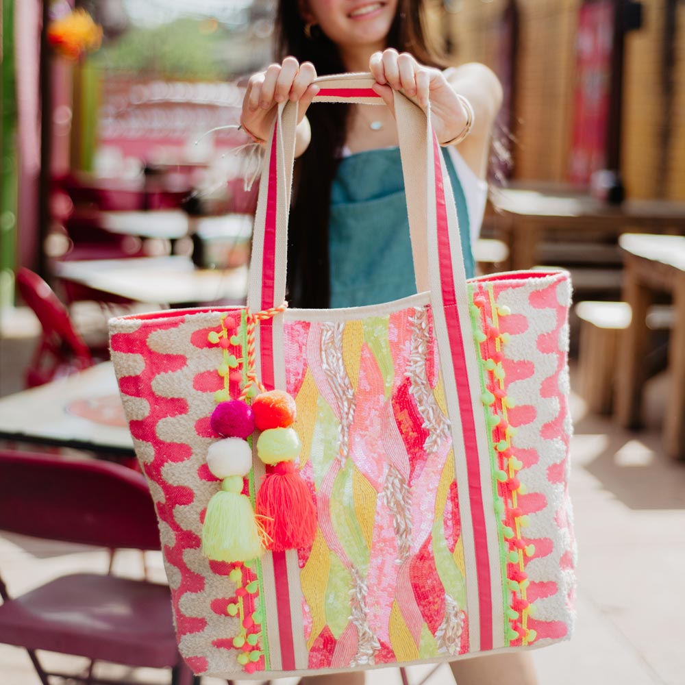 Pink Yellow Sequin Beaded Wholesale Tote Bag Purse