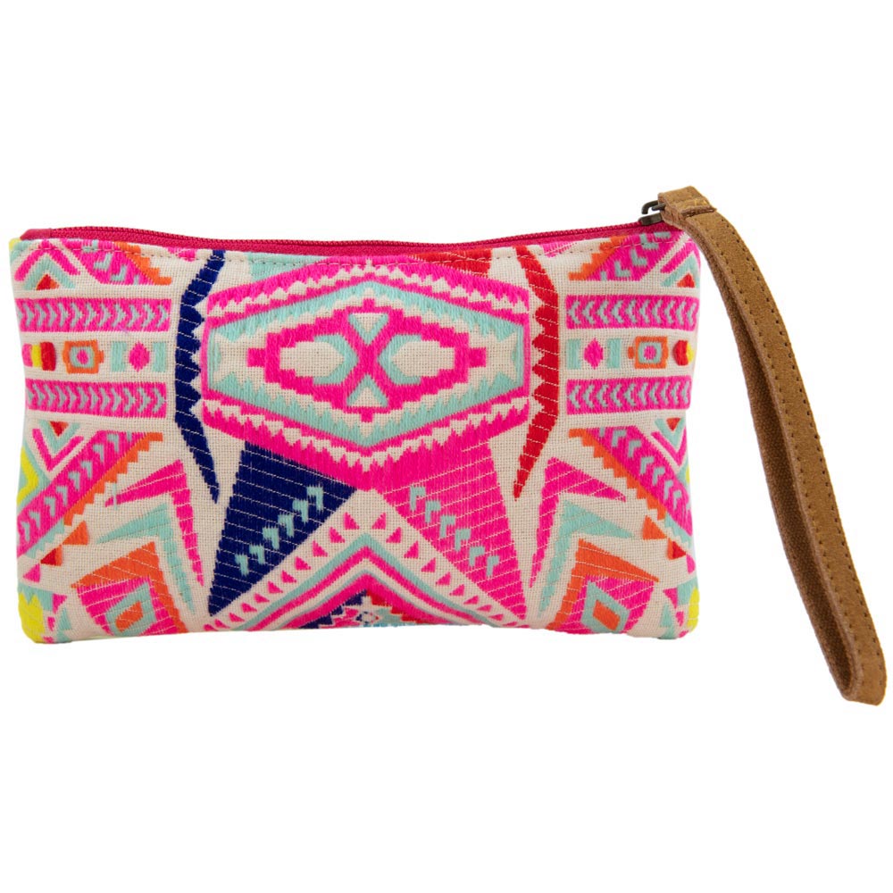 Multicolored Aztec Sequin and Beaded Wholesale Wristlet w/ Leather Strap