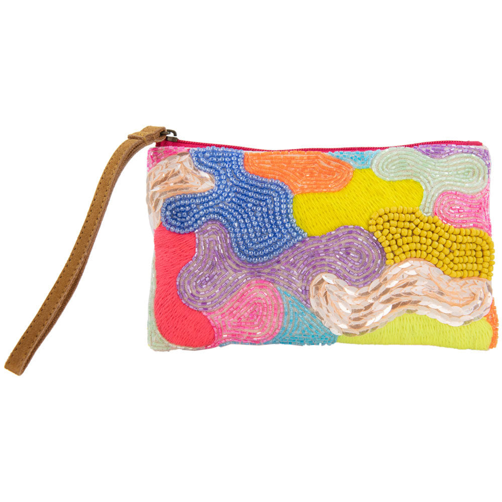 Multicolored Aztec Sequin and Beaded Wholesale Wristlet w/ Leather Strap